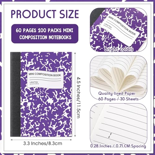 Fainne 100 Pack Mini Composition Notebook Bulk 4.5" x 3.3" Pocket Composition Books Small Narrow Ruled Compositions Note Pad Marble Journal Books for Students School College Office 60 Pages (10 Color) - color: 10 Colors