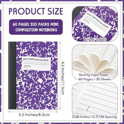 Fainne 100 Pack Mini Composition Notebook Bulk 4.5" x 3.3" Pocket Composition Books Small Narrow Ruled Compositions Note Pad Marble Journal Books for Students School College Office 60 Pages (10 Color) - color: 10 Colors