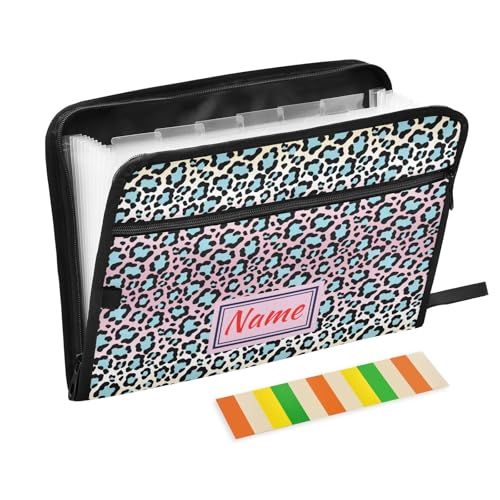 Leopard Print Rainbow Color Geometric Expanding File Folder, 13 Pockets Accordion File Organizer with Sticky Labels Zipper Portable A4 Document Organizer for Home Office School Supplies - color: A15