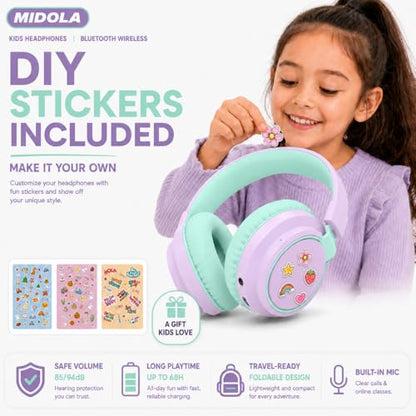 MIDOLA Kids Bluetooth Headphones 68H Play Time,Volume Limit 85/94dB, Foldable Lightweight Wireless Over-Ear Headphone for Toddler Kid Child,Headsets with Aux Built-in Mic Light Purple - color: Light Purple