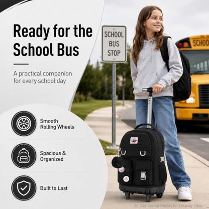 CCJPX Rolling Backpack for Girls Women, 21 inch Roller Wheels School Bookbag, Wheeled Suitcase Backpacks with Lunch Bag for Teen - Black - color: Black
