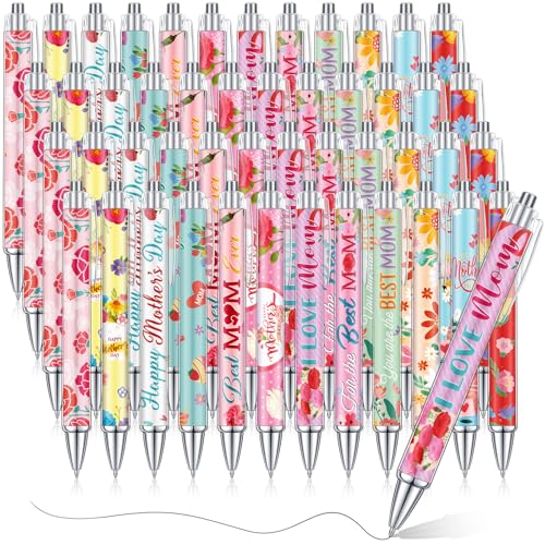 Cholemy 48 Pcs Mother's Day Ballpoint Pens Bulk Flower Happy Mother's Day Writing Pens Best Mom Ever Black Gel Ink for Women Mom Birthday Gifts Office Party Supplies Favors - style: Mother's Day