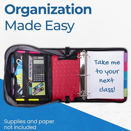 Case-it King Sized Zip Tab School Zipper Binder | 4-Inch D-Rings, 800 Sheet Capacity, 5-Subject Expanding File Folder, Multiple Pockets & Storage Organizer, Shoulder Strap|D-186 Fire Engine Red|4 Pack