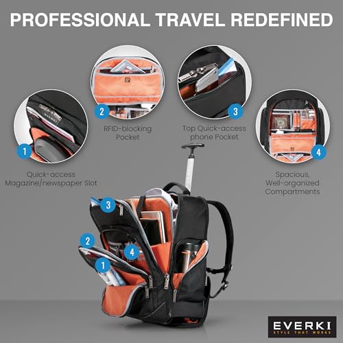 EVERKI Atlas Wheeled 30L Laptop Backpack - Rolling Backpack for Men & Women, Carry-On Travel Roller Backpack for Laptops, Fits 13 to 17.3 Inches with Adjustable Compartment for Business & Work - Black - size: Atlas Original - 30L