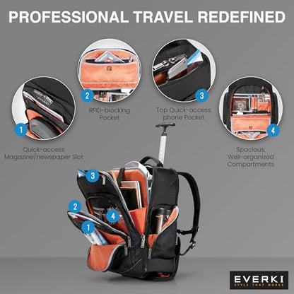 EVERKI Atlas Wheeled 30L Laptop Backpack - Rolling Backpack for Men & Women, Carry-On Travel Roller Backpack for Laptops, Fits 13 to 17.3 Inches with Adjustable Compartment for Business & Work - Black - size: Atlas Original - 30L