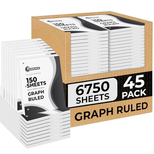 Rosmonde Loose Leaf Paper Bulk, 6750 Sheets, 45 Pack, Quad Ruled Sheets | Bulk Loose Leaf Paper, 8" x 10.5", 3 Hole Punched, Fights Ink Bleed, 150 Sheets/Pack, Thick Graphing Paper, School Supplies - color: Graph Ruled, size: 45 Pack (6750 Sheets)