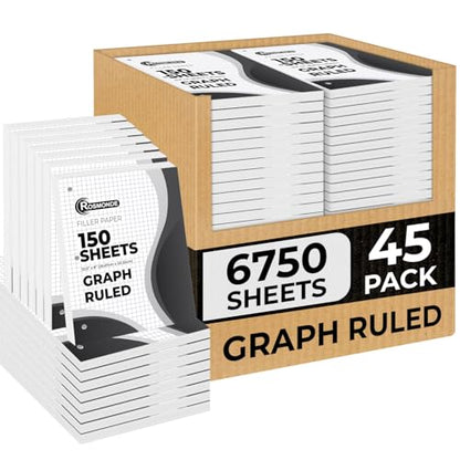 Rosmonde Loose Leaf Paper Bulk, 6750 Sheets, 45 Pack, Quad Ruled Sheets | Bulk Loose Leaf Paper, 8" x 10.5", 3 Hole Punched, Fights Ink Bleed, 150 Sheets/Pack, Thick Graphing Paper, School Supplies - color: Graph Ruled, size: 45 Pack (6750 Sheets)