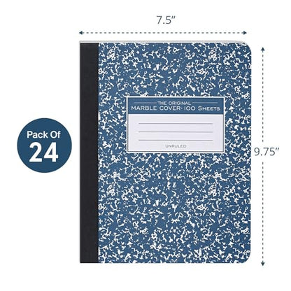 ROARING SPRING Hard Cover Composition Notebook, 24 Pack, Blue Marble Comp Book, 9.75″ x 7.5″, Unruled Blank Paper, 100 Sheets (200 Pages), Made in USA - size: 9.75" x 7.5", style: 24 Pack - Unruled - 100 Sheets - Blue Marble