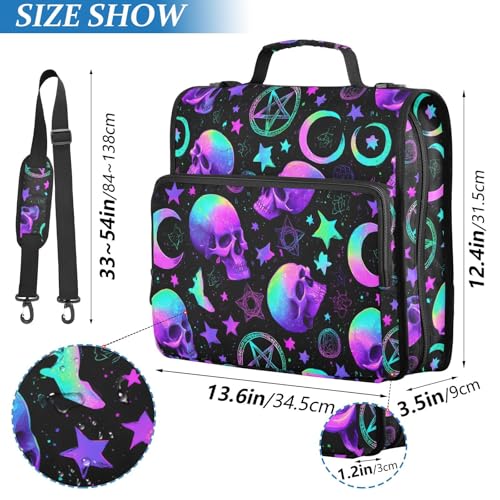 3 Ring Zipper Binder Purple Blue Skull Moon Binders Bag with Shoulder Strap 500 Sheets Paper Organizer Trapper Keeper Documents Storage File Folder for School Office - color: A860