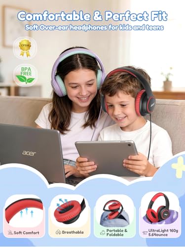 Acer Kids Headphones Wired for School - Over Ear Design, 85/94dB Safe Volume Limit, 3.5mm Jack Foldable Headphones for Toddler Boys Girls Classroom Yoto Player Chromebook Travel Black Red - color: Black Red