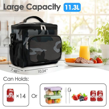 FlowFly Insulated Reusable Lunch Bag Adult Large Lunch Box for Women and Men with Adjustable Shoulder Strap,Front Zipper Pocket and Dual Large Mesh Side Pockets,BlackCamo - color: BlackCamo