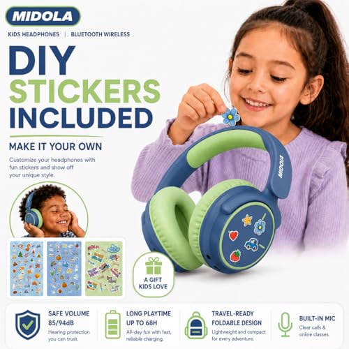 MIDOLA Kids Bluetooth Headphones 68H Play Time,Volume Limit 85/94dB, Foldable Lightweight Wireless Over-Ear Headphone for Kid Toddler Child Pad Tablet,Headsets with Built-in Mic Green Blue - color: Deep Blue