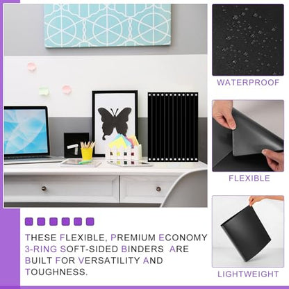 Fulmoon 24 Pcs 3 Ring Plastic Binders Bulk with 2 Pockets Flexible Binder with Transparent View Cover Plastic Binder for Home Office(1/2 Inch,Black) - color: Black, size: 1/2 Inch