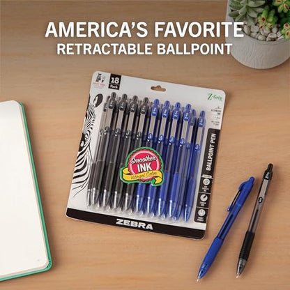 Zebra Pen Z-Grip Retractable Ballpoint Pen, Smooth-Flowing Black and Blue Ink, 1.0mm Medium Point, School & Office Supplies, Ideal for Note-Taking, Journal and Planner Use, 18-Pack (22018amz) - color: Black/Blue A