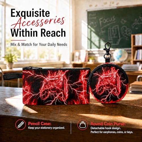 Game Backpack Set for Boys Kids – 17" Large Capacity Gaming School Bag with Lunch Box, Pencil Bag and Coin Purse (Red) - color: Red-1