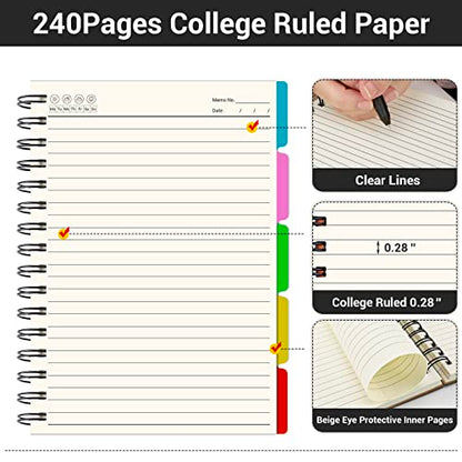 EUSOAR Notebook 5 Subject with Tabs, 1pcs A5 5.5"x8.3" Spiral College Ruled Writing Pad, 100GSM 120Sheets/ 240Pages of Lined Paper, Thick Hardcover, for Traveling Students, Office and Business, Kraft - color: Kraft, size: A5-1Pack