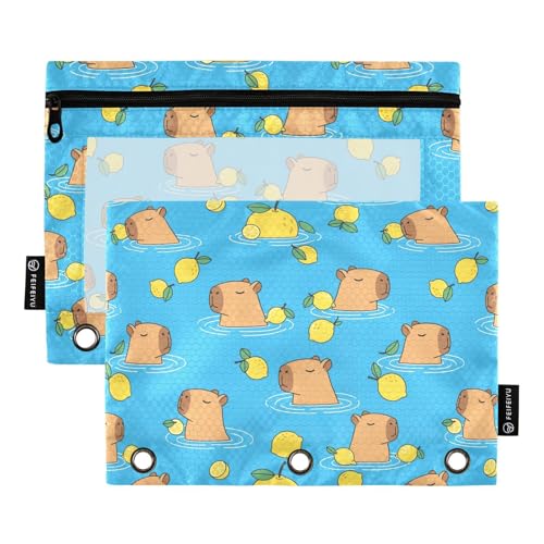 Emelivor Capybara Lemon Blue Pencil Pouch for 3 Ring Binder 2 Pack Binder Pencil Pouches Zippered Clear Pencil Case Cosmetic Bag for Office Work College Home Supplies - color: 24-Capybara Blue