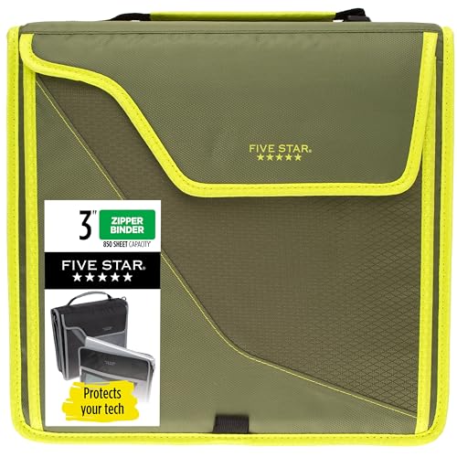 Five Star Zipper Binder, 3 Inch 3-Ring Binder with D Rings, Removable Padded Case, 5-Tab Expanding File and Multi-Use Strap, 850 Sheet Capacity, Olive/Citrus (292960C) - color: Olive/Citrus, size: 3 Inch