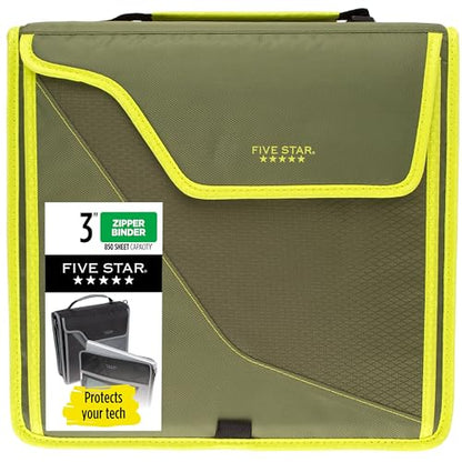 Five Star Zipper Binder, 3 Inch 3-Ring Binder with D Rings, Removable Padded Case, 5-Tab Expanding File and Multi-Use Strap, 850 Sheet Capacity, Olive/Citrus (292960C) - color: Olive/Citrus, size: 3 Inch
