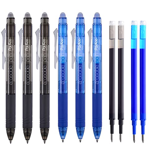 ParKoo Retractable Erasable Gel Pens Clicker Fine Point 0.7 mm, Make Mistakes Disappear, 3 Black/3 Blue Ink Pens with 4 Bonus Refills for Drawing Writing Journaling and Crossword Puzzles - color: Black Blue