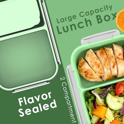 WHALEHOUSE Large Capacity Bento Lunch Box for Adult, 1600ML 2 Compartments Meal Prep Container with Utensil, Airtight Food Storage Container with Snap Locking Lids, Microwave/Dishwasher/Freezer Safe - color: 1600mL-Green