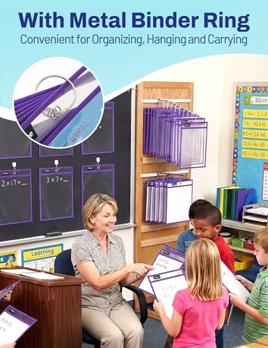 SUNEE 6 Packs Oversized Reusable Dry Erase Pocket Sleeves with Ring, Purple 10x14 Ticket Holders, Clear Plastic Sheet Protectors, Teacher School Classroom Supplies - color: Purple, style: 6 Pack