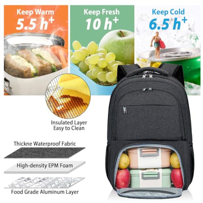 BIKROD Lunch Backpack, Insulated Cooler Lunch Bag Backpack, Large School Backpacks for Teen Boys Water Resistant Back Pack Gift for Men Fit 17 Inch Laptop, - color: Black
