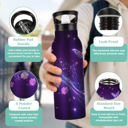 Insulated Water Bottle,Flying Butterflies 20 oz Stainless Steel Water Bottles with Straw Lid,Purple Leak Resistant Double Insulated Flask with Handle,Fits Cup Holder,Keeps Drinks Cold - color: Flying Butterflies,Purple