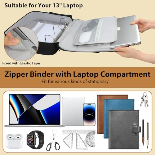 3 inch D-ring Zipper Binder Bag for 700 Sheets&13 inch Laptop Organizer, Detachable Zip Up Binder with Removable Pen Case& Bottle Pocket for Middle High School Office Supplies Storage (Black)