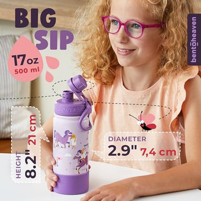 Bentoheaven Kids Water Bottle Stainless Steel for Boys & Girls, Purple | Reusable 17 oz insulated metal tumbler with 2 lids (chug and straw), leakproof design, silicone boot for school and sports. - color: Mauve