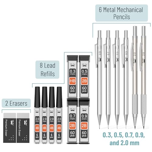 Mr. Pen- Metal Mechanical Pencil Set with Lead Refills & Erasers, 6 Pack | 5 Sizes, 0.3, 0.5, 0.7, 0.9 & 2mm, 8x Tubes Lead Refills & 2x Erasers for School Supplies, Note Taking, Fathers Day Gift