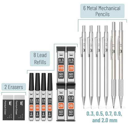Mr. Pen- Metal Mechanical Pencil Set with Lead Refills & Erasers, 6 Pack | 5 Sizes, 0.3, 0.5, 0.7, 0.9 & 2mm, 8x Tubes Lead Refills & 2x Erasers for School Supplies, Note Taking, Fathers Day Gift