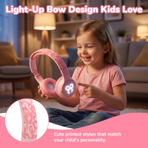 Kids Safe Wireless Light Up Headphones, Foldable Tangle-Free 3.5mm Jack, Volume Limiting 85/94dB, Over-Ear with Microphone for School/Toddlers/Teens/Boys/Girls/Ipad/Tablet/Kindle/Phones/Travel/Plane - color: Pink