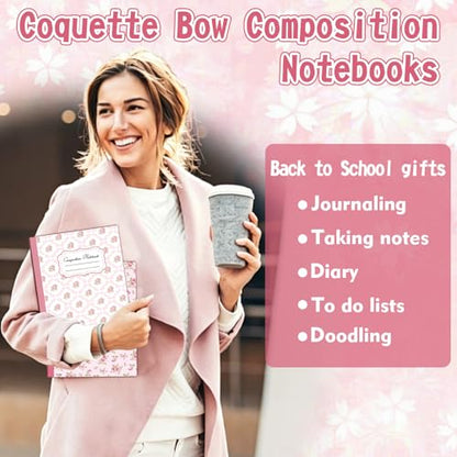 6 Pack Pink Bow Composition Notebooks, Preppy Cute Coquette Notebook,9-3/4 x 7-1/2" Aesthetic College Ruled Journal Back to School Teacher Gifts First Day of School Favors, 110 Pages - color: Pink
