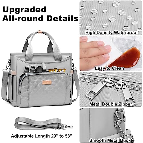 AIJIEKE Large Insulated Lunch Bag for Women Men, Work Lunch Box Tote, Gray | Leakproof, durable multi-compartment cooler. Reusable with shoulder strap. Perfect for travel meal prep, picnic, beach - color: Gray