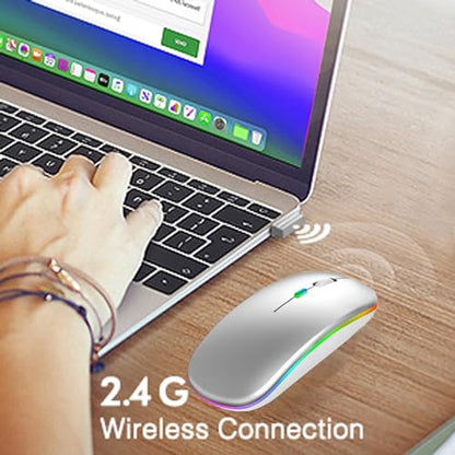 LED Wireless Mouse, Slim Silent Dual-Mode 2.4G+BT Rechargable 7-Color Portable Mobile Optical Office Mouse with USB Receiver, 3 Adjustable DPI Levels for Notebook, PC, Computer, MacBook (Silver) - color: silver
