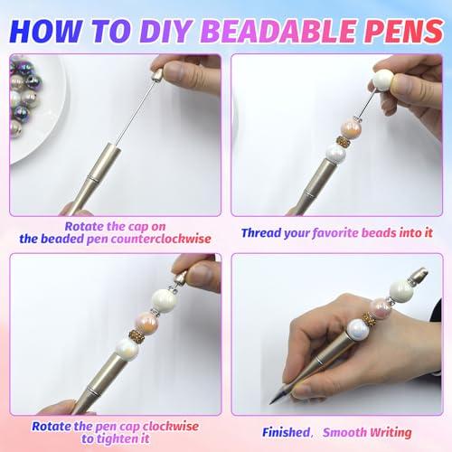 150 Pieces DIY Beadable Pens Kit - 50 plastic Beadable Pens Bulk, Refills & pen bags Included - Beaded Pens Black Ink Ballpoint Cute Pens（Bright） - color: Macaron, size: 50