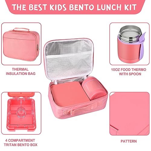Pawtong Bento Lunch Box Set With 10oz Soup Thermo, Leak-proof Lunch Containers with 4 Compartment, Kids Hot Thermo Food Jar/Insulation Lunch Bag, Food Containers for School（Solid） - color: Pink