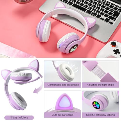 Kids Cat Ear Bluetooth Headphones, LED Light, Mic, Foldable | Foldable Cat Headphone, LED Light Up Ear, Cat Ear Headphones for Toddler, Microphone/TF Card - color: Purple