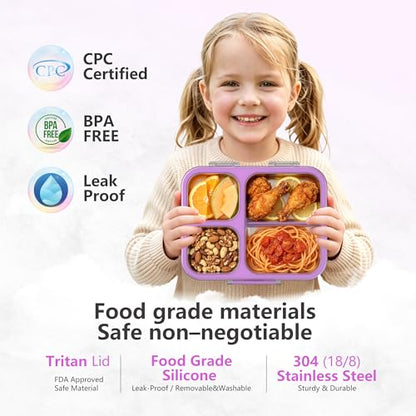 Stainless Steel Bento Lunch Box, 34oz/1000ml Leak Proof Metal Container, Lightweight 3mm Ultra-Narrow Bezel with Tritan Lid for Kids & Adults, 3-Compartment, BPA/BPS Free, Dishwasher Safe, Purple - color: Purple, size: 34oz/1000ml