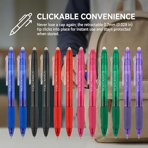 Volcanics Erasable Gel Pens 36 Pack, 6 Vibrant Colors, 0.7mm Fine Point Clicker Retractable Gel Ink Pens, Smooth & Refillable, Back to School Essentials for Home & Office Use - color: Multicolor