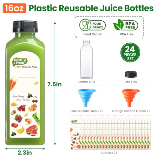 24 PACK, 16 OZ Reusable Thicker Plastic Juice Bottles with Caps, Leakproof | Plus 24 Labels & 2 Funnels, Clear Juicing Bottles for Juice, Smoothies, Ginger, Tea, Coffee -Food Grade & Travel & Freezable - size: 16oz