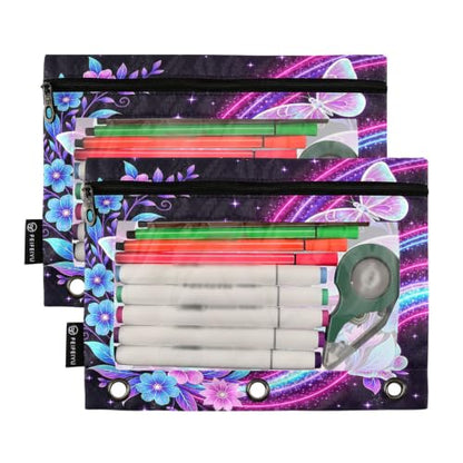 Gredecor 3 Ring Binder Pencil Pouch, Neon Butterflies and Flowers Zippered Pen Case Pouches with Clear Window, 2 Pack Stylish Office & School Supplie - color: Neon Butterflies and Flowers