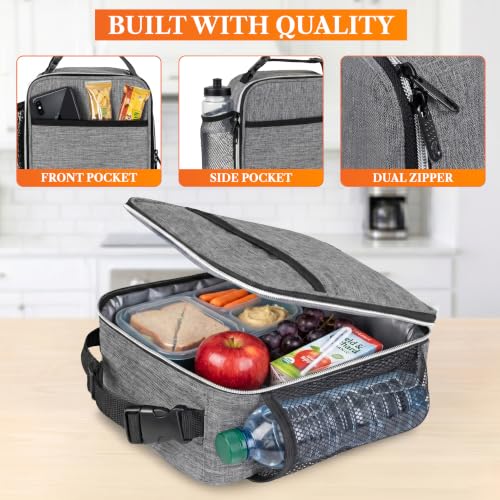 opux Insulated Lunch Bag for Kids Boys Girls, Small Compact Lunch Box with Wide Opening & Mesh Pockets, Reusable Lunch Pail for School, Work, Adults, Men, Women, Light Grey - color: Light Grey
