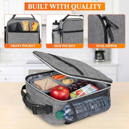 opux Insulated Lunch Bag for Kids Boys Girls, Small Compact Lunch Box with Wide Opening & Mesh Pockets, Reusable Lunch Pail for School, Work, Adults, Men, Women, Light Grey - color: Light Grey