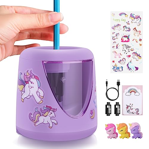 Electric Pencil Sharpeners for Kids, Cute Small Colored Pencil Sharpener for Home Classroom, Pencil Sharpener Electric Plug in, with Unicorn School Supplies,Purple - color: Purple