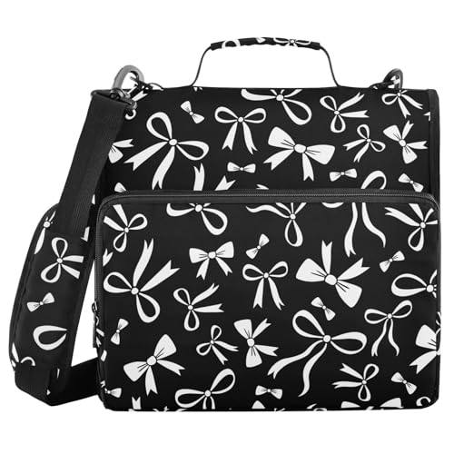 Zipper Binder Bag 3 Ring File Folder Portfolio Organizer Zippered Binder Bags with Strap Fits Laptop Women Men - color: 30-black White Bow