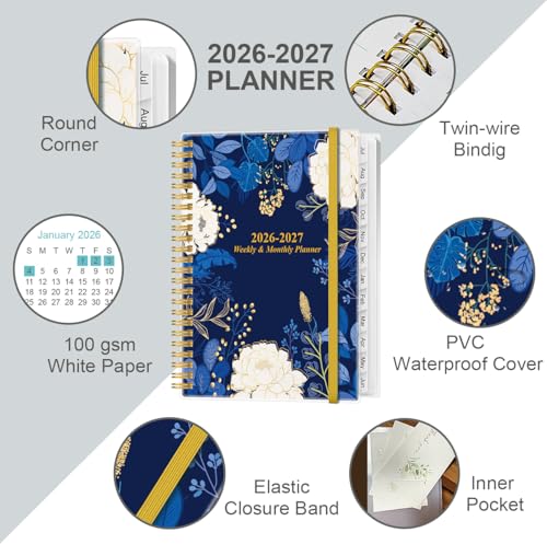 2026-2027 Planner - Planner 2026-2027 from July 2026 - June 2027, Weekly & Monthly Planner Spiral Bound with 12 Monthly Tabs, Inner Pocket, 6.4" x 8.5", Blue Flower - color: Blue-Leaf-Flower, size: 6.4" x 8.5"