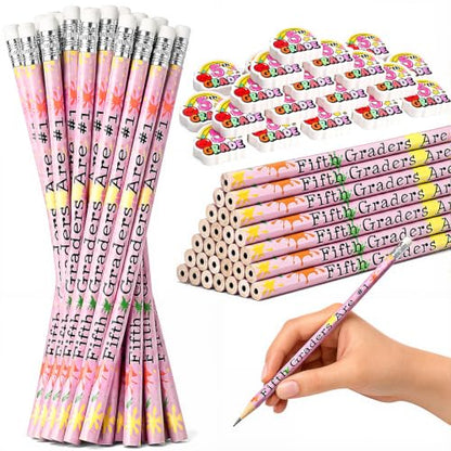 48 Pcs/24 Sets 5th Graders Pencils and Erasers Bulk Set Motivational Pencils Back to School Supplies for Kids Student Inspirational Teacher Classroom Reward Party Favors Gifts - style: 5th Grader