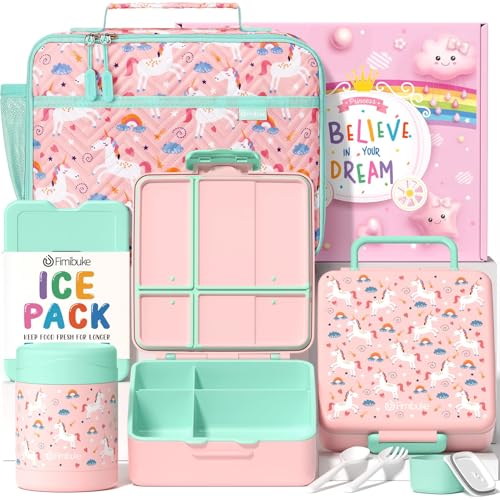 Fimibuke Kids Bento Snack Lunch Box with 4 Compartments, Insulated lunch Bag, Stainless Steel Thermo Food Jar, Ice Pack & Utensils, Unicorn Birthday Gifts for Age 3-12 Back to School Toddler Girl Boy | Lunch Box Kids with 4 Compartment, Food Jar, Ice Pack